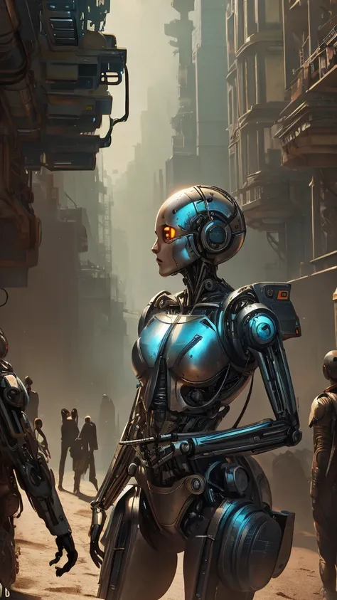 a bald cyborg emma watson, with loose wires, metallic skin, hoses, exposed torso, androidperson, mark brooks, david mann, robot ...