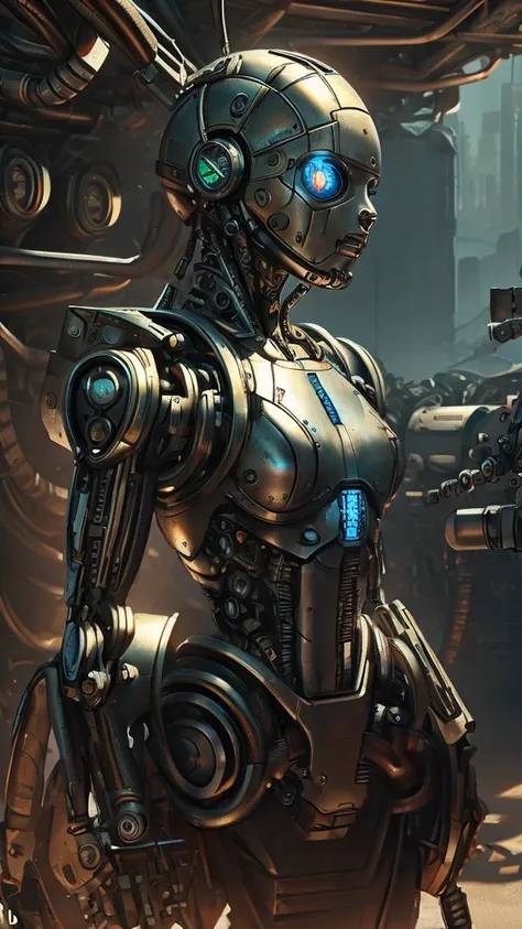 a bald cyborg emma watson, with loose wires, metallic skin, hoses, exposed torso, androidperson, mark brooks, david mann, robot ...