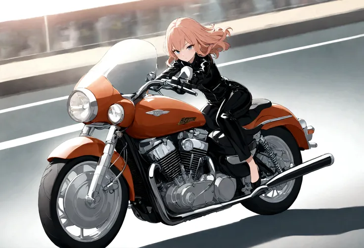 best quality, super fine, 16k, incredibly absurdres, extremely detailed, delicate and dynamic, Fujiko Mine, beautiful woman with perfect facial features, character from the anime Lupin III, riding a Harley Davidson, wind, wind effect, motion blur, wearing ...