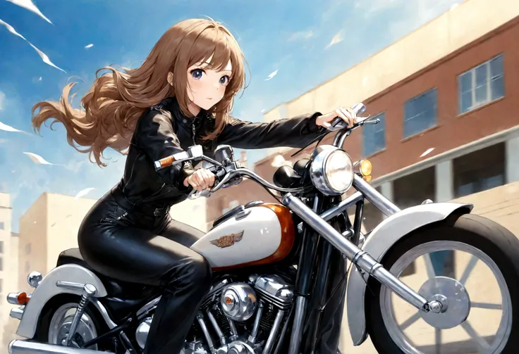 best quality, super fine, 16k, incredibly absurdres, extremely detailed, delicate and dynamic, Fujiko Mine, beautiful woman with perfect facial features, character from the anime Lupin III, riding a Harley Davidson, wind, wind effect, motion blur, wearing ...