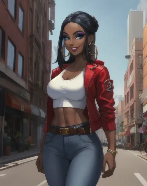 masterpiece, best quality, solo, 1girl, nessacasual, dark skin, makeup, smile, looking at viewer, standing, opened red jacket, white tank-top, ((midriff)), medium breasts, cleavage, tight blue denim pants, belt, hoop earrings, outdoors, city street
