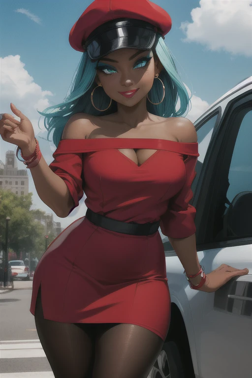 masterpiece, best quality, (Detailed face:1.2), (Detailed eyes:1.2), solo, 1girl, nessacasual, aqua eyes, dark skin, makeup, smile, medium breasts, grey cabbie hat, red shirt, off shoulder, collarbone exposed, cleavage, red scarf, black short skirt, pantyh...