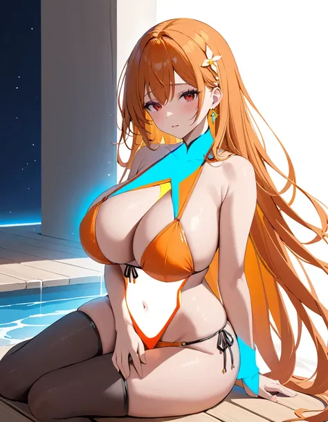 (masterpiece, best quality: 1.2), high resolution, high quality, girl, cute , big boobs, sexy bikini random, orange very long hair, , spiritual aura, , , , red eyes
 sitting sideways, looking at viewer, , 
