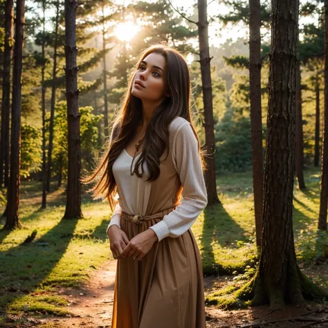 Beautiful mystical woman with brown hair, in a beautiful forest enjoying the sunset  