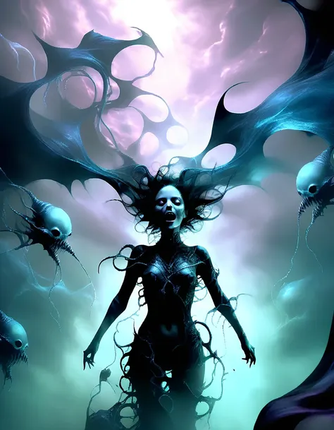 A young beautiful woman layng in a pond that glows with spectral blue light,full of writhing entities lurking benaeth, she float on her back looking up into a mirth levitating overhead were a dark writhing cluster of tightly grouped0 monsterous cosmic enti...