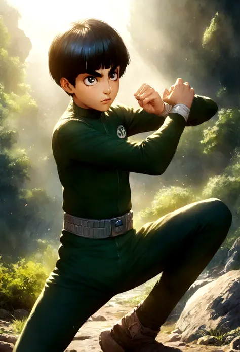 hyper realistic art rock lee, power up white eyes, 1boy skinny, fighter pose, outside in the sun and nature . extremely high-res...