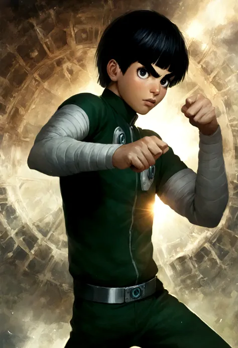 hyper realistic art rock lee, unlocking 7th gate, 1boy skinny, fighter pose, outside in the sun and nature . extremely high-reso...