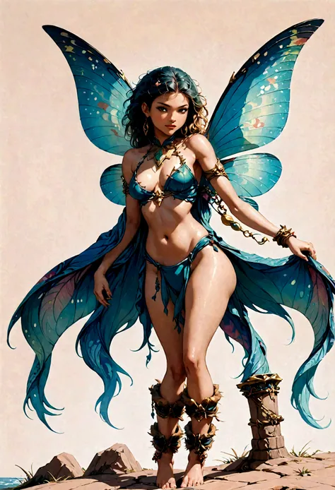 a naked female pixie based on Zendaya, Dungeons and Dragons 5th edition style illustration, cinematic, fantasy painting, highly detailed, black outlining, full color illustration, in the style of BORIS VALLEJO & JULIE BELL