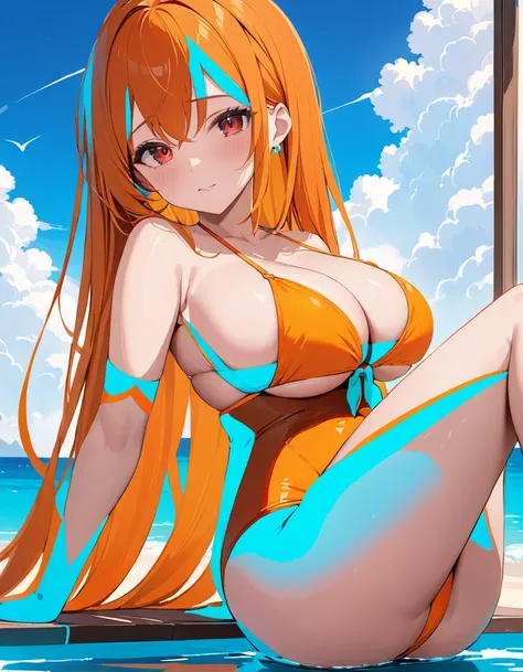 (masterpiece, best quality: 1.2), high resolution, high quality, girl, cute , big boobs, sexy bikini random, orange very long hair, , , , , , red eyes
 sitting sideways, looking at viewer, , 
