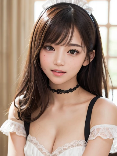 masterpiece、masterpiece、One girl per photo、(Face close-up、Cowboy Shot)、Front view from the front、Japanese、Very young and beautiful woman、(The cutest girl in the world)、24-years-old、Makes your face smaller、Small breasts、Cleavage、Wearing a cute black maid ou...