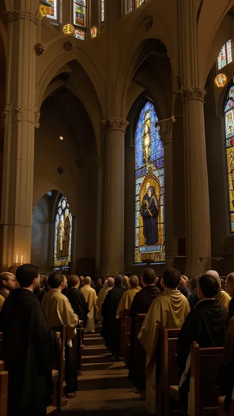 The image depicts a solemn scene inside an imposing Catholic church, permeated by the mysticism of medieval times. In the center of the sacred space, a group of Catholic Byzantine monks are gathered in prayer. Their long, austere robes flow around their bo...