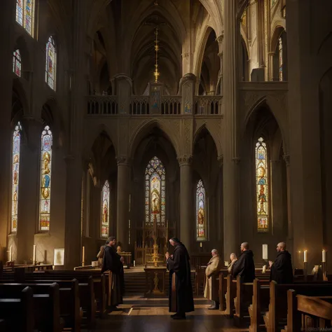 a solemn cathedral interior, medieval byzantine monks praying,long austere robes, golden light through stained glass windows, religious icons and frescoes, contemplative atmosphere, photorealistic, intricate details, muted color palette, dramatic lighting,...