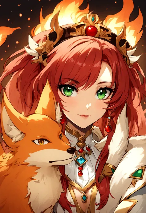 a close up of a woman with red hair and a fox, a beautiful fox lady, foxgirl, orange skin and long fiery hair, green eyes, magali villeneuve, graphic artist magali villeneuve, ginger hair and fur, inspired by Magali Villeneuve, in style of anne stokes, red...