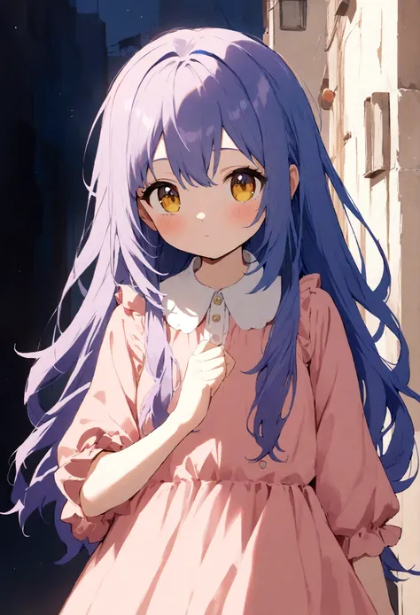 1girl, violet blue hair, long hair, yellow eyes, pink dress, , short stature, little, beautiful look, , kawaii, masterpiece, high quality, anime girl, 2d, anime style