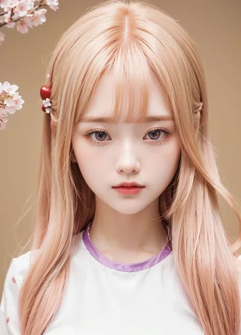 strawberry blonde shoulder-length hair with loose bangs, decorated with a cherry blossom hair clip on the side of her head. She has purple Tareme eyes.

