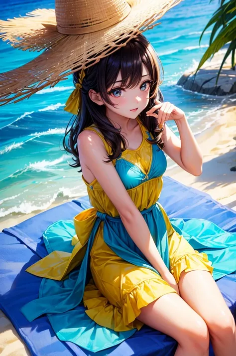 (Optimal lighting, The best shadow, masterpiece, high quality), rich and colorful, Lively, Summer feeling, Many bright colors, Beautiful woman in light summer clothes, Loose hair, Sitting in the clear sea water、White sand beach, Bright blue sky.