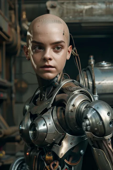 A bald cyborg Emma Watson, with loose wires, metallic skin, hoses, exposed torso, androidperson, mark brooks, david mann, robot brain, made of steel, hyperrealism, post-apocalyptic, mechanical parts, joints, mecha, j_sci-fi