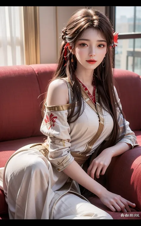 (girl,day view),(illustration close shot),(pretty,long hair),(best quality,Super fine details),(romantic,colorful),(soft light,soft shine)，open the shoulders，Symmetrical charming eyes, smile,embroidery，high-heels, Sofa, Delicate face, Clear face, sleeping ...