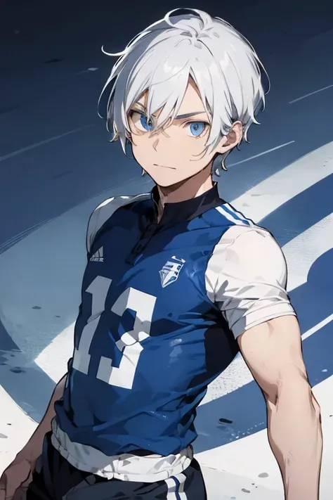 , man with white hair and blue eyes with gray and blue lock football uniform , face series controlling the ball With the number 7 or 11