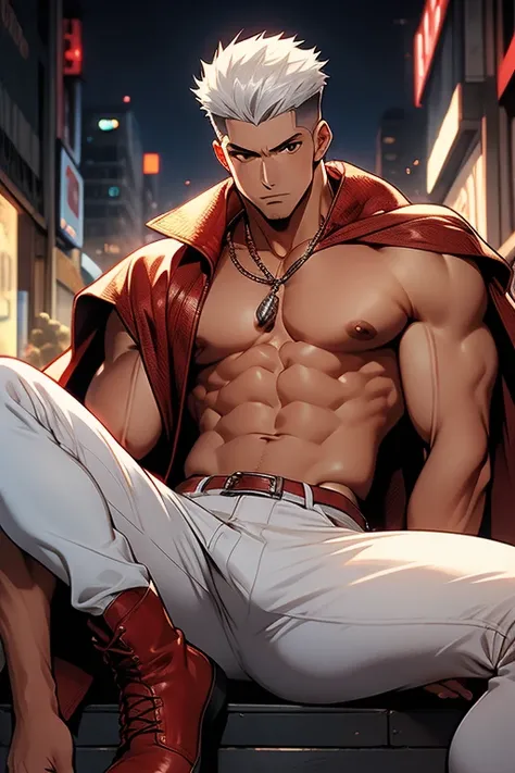 Highest image quality，male people，，1 boy，Young and handsome，shoun，White color hair，Short flat top hair，Dark  skin，anime big breast，anime wallpaper，Solo，malefocus，Briefs，Dilation of the pectoral muscles，Red cape，Bulging crotch，Urban background，spread their ...