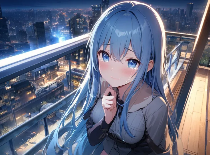 game cg,1lady,precious,(blue hair)|(gray hair)0.5,long hair,blue eyes,medium breasts,((happy tears)),smile,((tears)),wiping tear,night, ,outdoor observation deck,