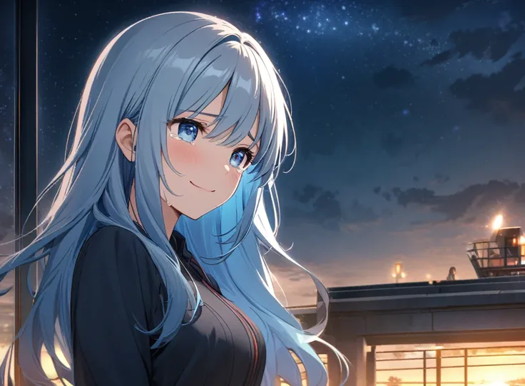 game cg,1lady,precious,(blue hair)|(gray hair)0.5,long hair,blue eyes,medium breasts,((happy tears)),smile,((tears)),wiping tear,night, ,outdoor observation deck,