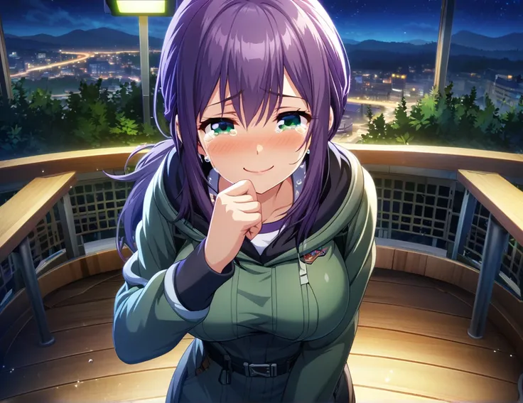 game cg,1girl,purple ponytail hair,green eyes,large breasts,((happy tears)),smile,((tears)),wiping tear,night, ,outdoor observation deck,