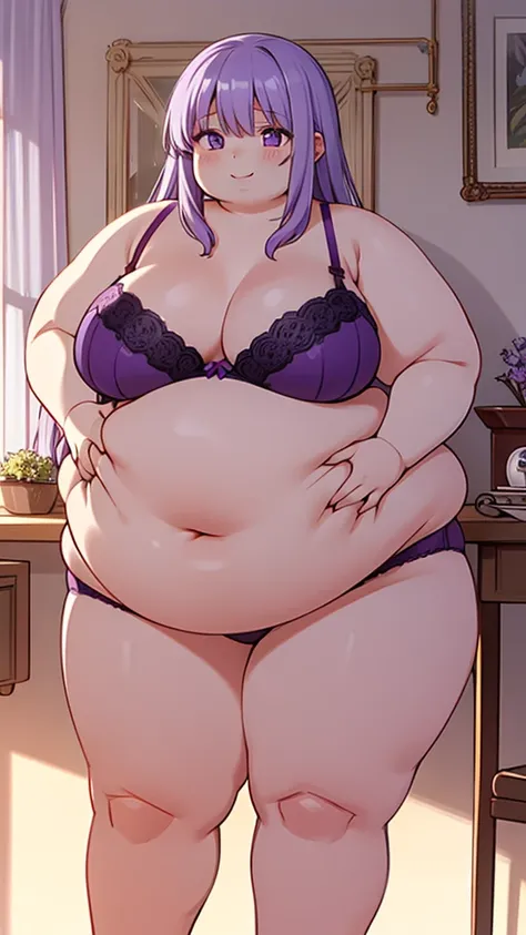 Long loose light purple hair, purple frontal hair weave, purple bra, purple panties, sexy fat girl, chubby belly, sexy, happy face, wide thighs, big breasts, belly fat, big Belly, fat rolls