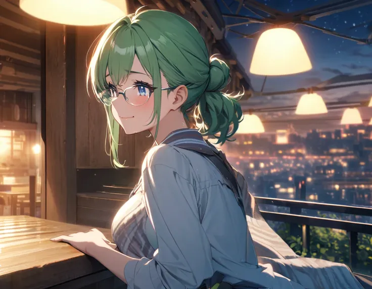 game cg,1girl,green hair,short ponytail,rimless eyewear,blue eyes,large breasts,((happy tears)),smile,((tears)),wiping tears,night,outdoor observation deck,