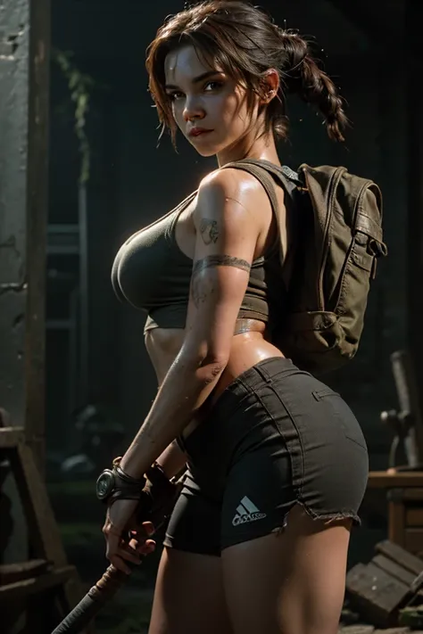 ((best quality)), ((masterpiece)), (detailed), perfect face( close-up of a woman, reminiscent of Lara Croft from Shadow of the Tomb Raider, sexy body revealed in wet clothes with ((no top, breasts subtly visible)), backpack at her side. Lara Crofts portrai...