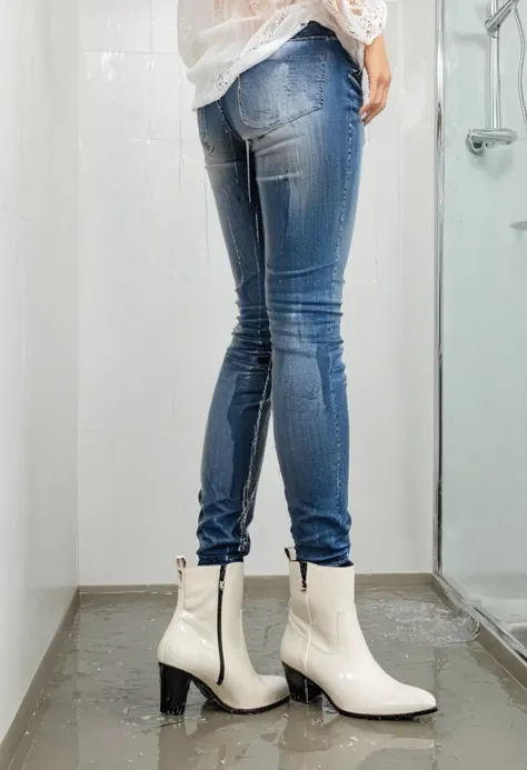 attractive blonde woman wearing skinny jeans, ankle boots, white blouse, standing in a shower, ((her ankle boots are soaked)), wetting