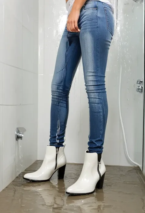 attractive blonde woman wearing skinny jeans, ankle boots, white blouse, standing in a shower, ((her ankle boots are soaked)), wetting