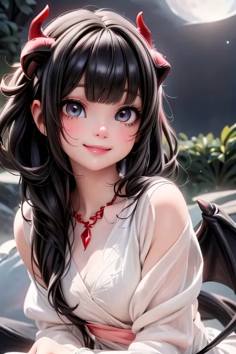 close_up of a cute demon smiling, beautiful detailed skin, (cute:1.2), (black hair), sparkling eyes, (white pale skin), (demon wings), (demon horns), (depth of field), soft light, Lens Glow,  hair up, soft clean focus, realistic lighting and shading, (an e...