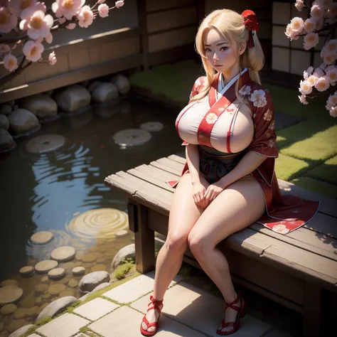 best quality, ultra high res, (photorealistic:1.4), 1blond girl, In a traditional Japanese red silk outfit, Japanese shoes, samurai period,, (faded ash blond hair:1), (huge breasts:1.2), sitting in a Japanese flower garden