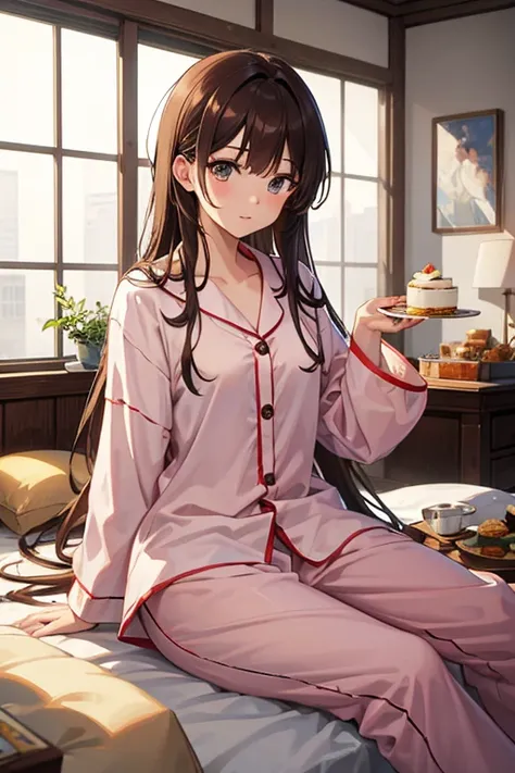 masterpiece, highest quality, High resolution，Follow the prompts、Anime Style、Brown Hair、Long Hair、pajamas、Eat scones