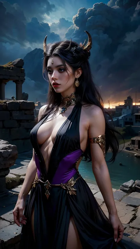 Una imagen Hyperrealista, ((Sexy goddess Persephone, long black hair, sexy black and purple dress, with a black-gold spike ornaments. greek city at the background, raytraced, viento, paisaje mitologico, (aesthetics and atmosphere:1.2), bella, sexy, mirada ...