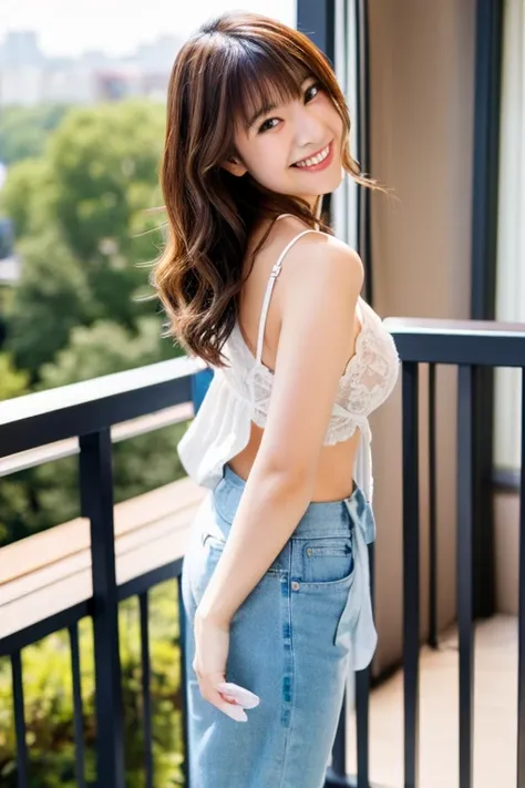 Japanese girl with brown hair and relatively large breasts dressed in casual clothes on a balcony and smiling sexy