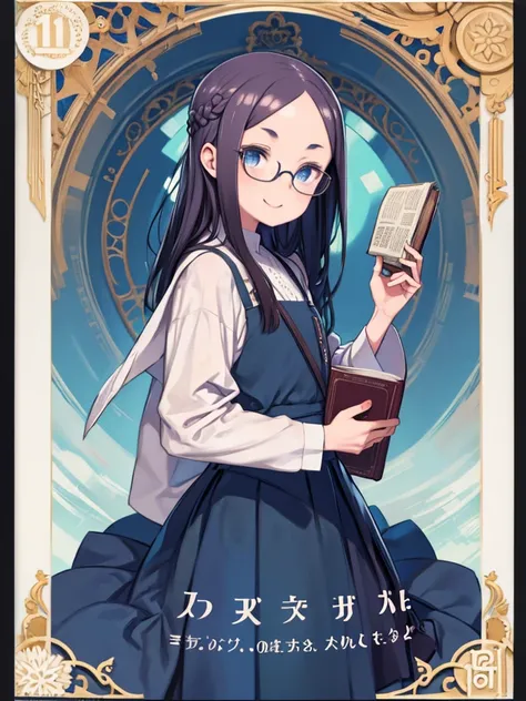 Flax braiding，blue eyes，Round frame glasses，Smile like a bite，Wear a long skirt with your ，Heavy book in hand，Freckled