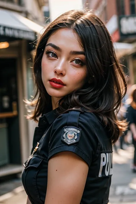 ((best quality)), ((masterpiece)), (detailed), perfect face police USA police  fit body girl police officer uniform police duty super detailed face lips eyes skin super fake red lips super pumped lips full body portrait 