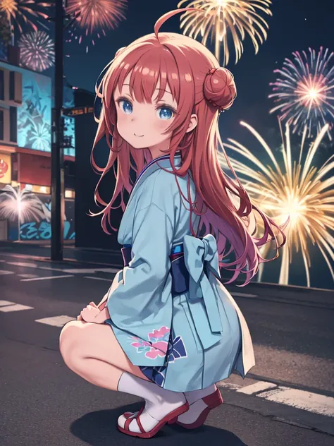 ((masterpiece)), Anatomically correct, Super detailed, Attention to detail, high quality, 最high quality,a girl with red hair and blue eyes crouches down on the ground,(Two buns hair),((1 Ahoge)),Hair Clip, Cute girl anime visuals, cute Anime Girls, young A...