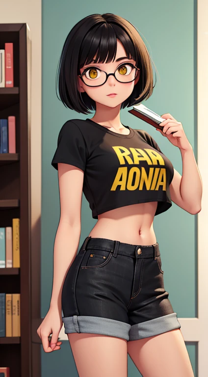 Young woman, holding a book, reading, glasses, short black hair, bangs, casual attire, crop top, yellow eyes