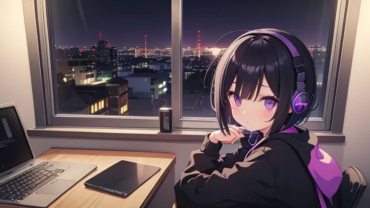 Cute girl sitting at a table with a laptop and headphones,Black Hair、Short Bob、Droopy eyes、Purple eyes、 Night view from the window, zeroガール, Praise the art style, Portrait of Rofi, Lofi Art, Low-fi Sensation, zero, zeroバイブ, Chill Hop,  zeroカラー, 