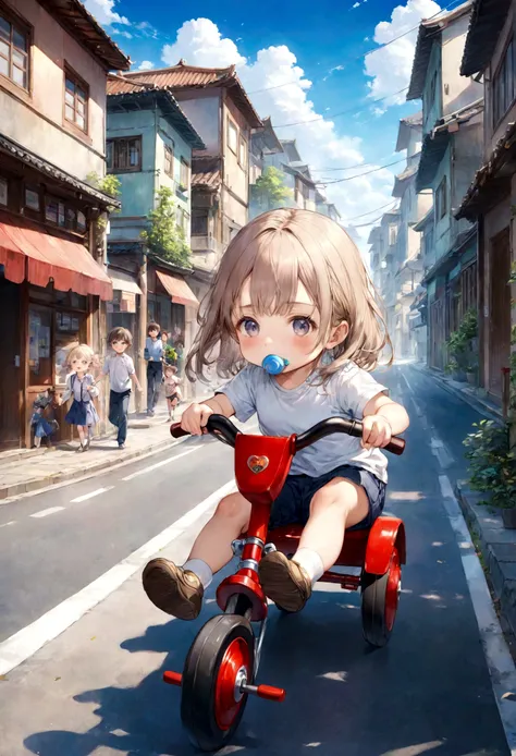 On the road at daytime、A girl is riding a tricycle at high speed。she３At about the age、He has a stern look on his face while holding a pacifier in his mouth.。Moving those little legs as hard as she could、The way he pushes forward with all his might is very ...