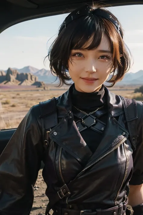 girl, Bobcut, Leather Fashion, Purple and black bondage, Mad Max costume cosplay
10代のgirl, かわいいのgirl,  Bobcut, Leather Fashion, Purple and black bondage, 
Mad Max costume cosplay, desert, Brown Hair, slender, Dry Moorland, sunshine, smile, 
