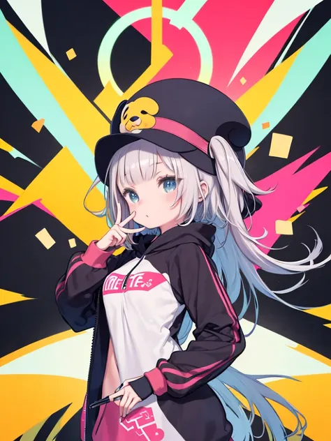 (Anime girls wear red and black hoodies, white, pink, yellow, Blue confetti on the bonnet, Cute cartoon design style, Electrical color scheme, Dark white and dark bronze, Vibrant color scheme, Happy Expressionism, 20mp, Dynocore), (Anime panda girl in a ho...