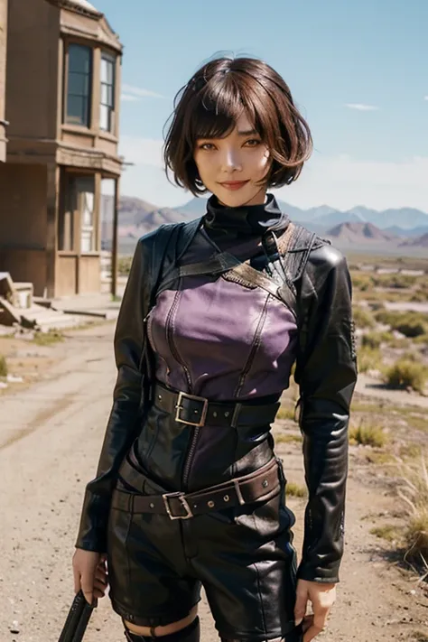 girl, Bobcut, Leather Fashion, Purple and black bondage, Mad Max costume cosplay
10代のgirl, かわいいのgirl,  Bobcut, Leather Fashion, Purple and black bondage, 
Mad Max costume cosplay, desert, Brown Hair, slender, Dry Moorland, sunshine, smile, 
