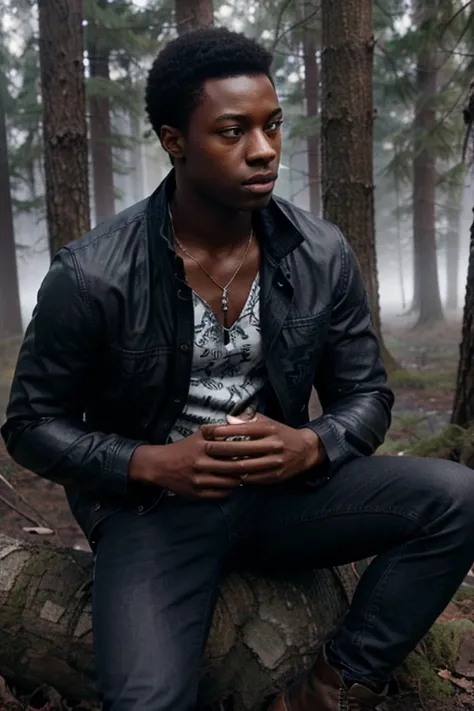 Sinqua Walls, Boyd, Teen Wolf, 18 years old, dark skin, short and messy black hair, brown eyes, blue dress shirt, brown jacket, black jeans, black combat boots. silver pendant, white wolf print. Forest background with fog aura around black color.