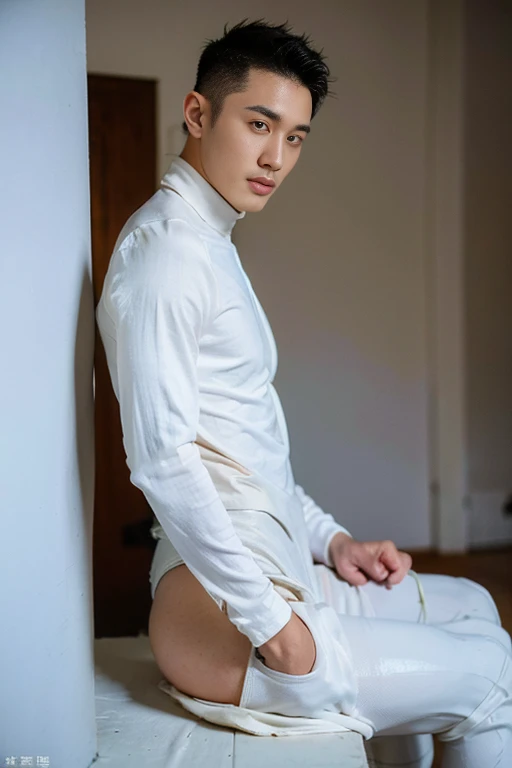 Futuristic rubber high waisted white leotard, skin tight, （buzz cut haircut）, hands visible, gloves, boots, toned male, young man, sexy glossy leotard, hands covered, handsome boy， big bulge , thick thighs , thick hips , handsome Korean man , K-pop idol, （...