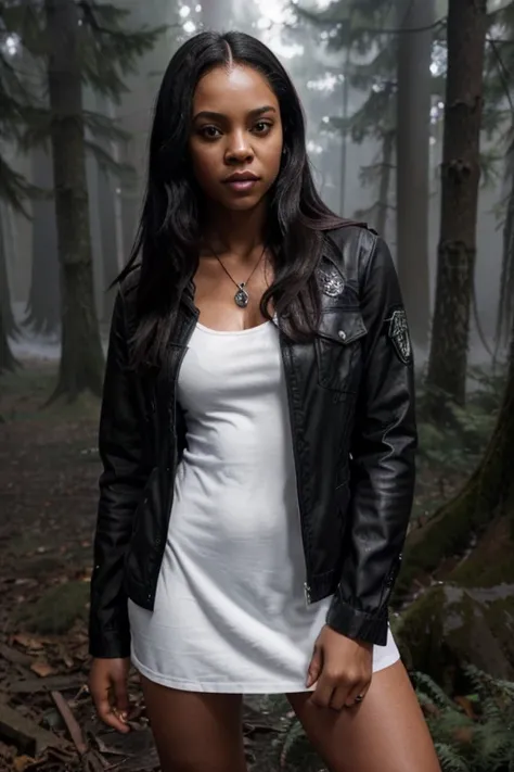 Bianca Lawson, Marin Morrell, Teen Wolf, 30 years old, dark skin, long messy black hair, brown eyes, white dress shirt, short brown jacket, black jeans, black combat boots. silver pendant, white wolf print. Forest background with fog aura around black colo...