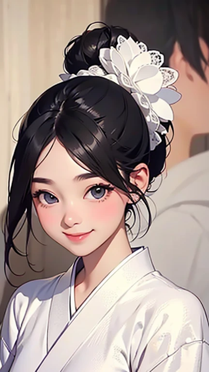 highest quality、Realistic、Women、zoom、cute Eyes、black hair、Bun Hair、kimono、White Lingerie、smile、Looking down、smile、Bust Shot、　